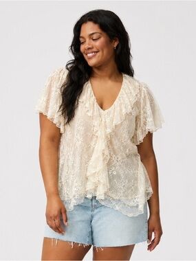 Future Collective Lace Ruffle Short-Sleeve Women's 2pc Top in Cream
